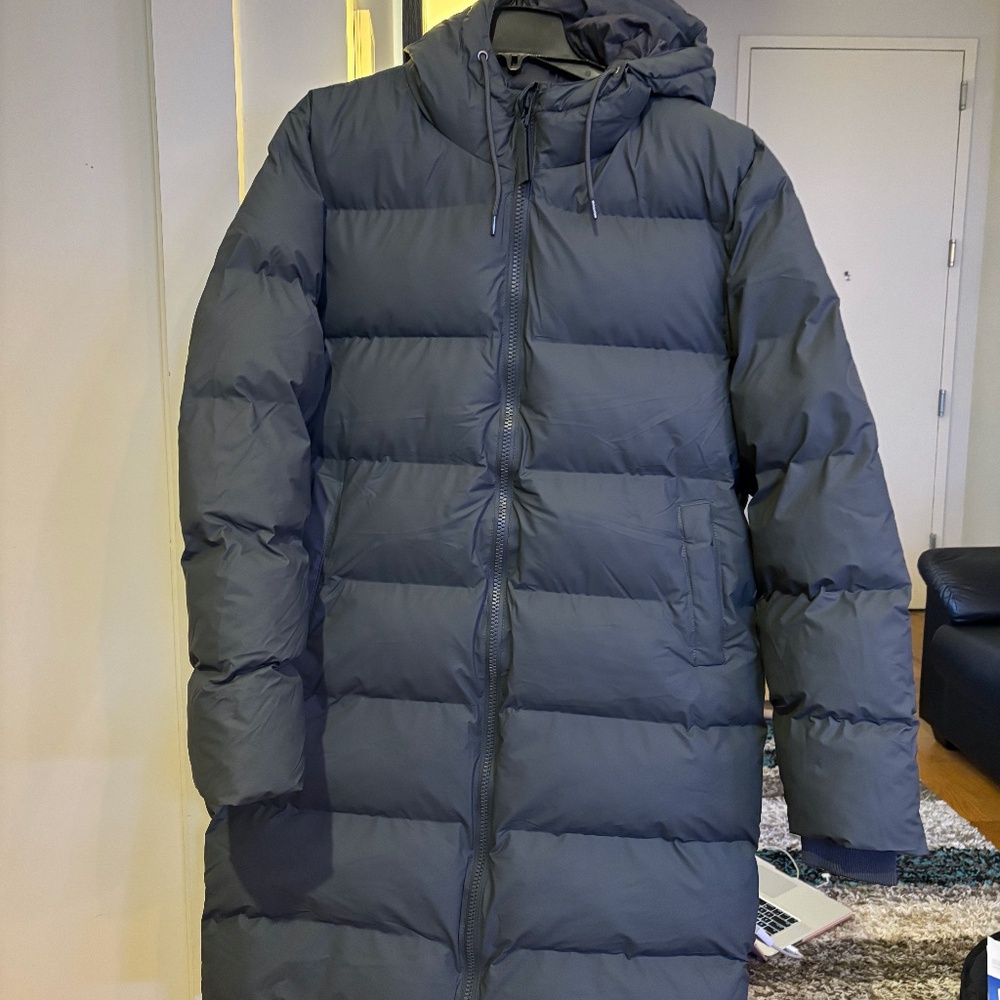 RAINS LONG PUFFER JACKET SLATE (NWT)